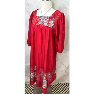 Vintage 70s Hawaiian Mumu Dress Liberty House sz M Satin Red Floral Hawaii Midi